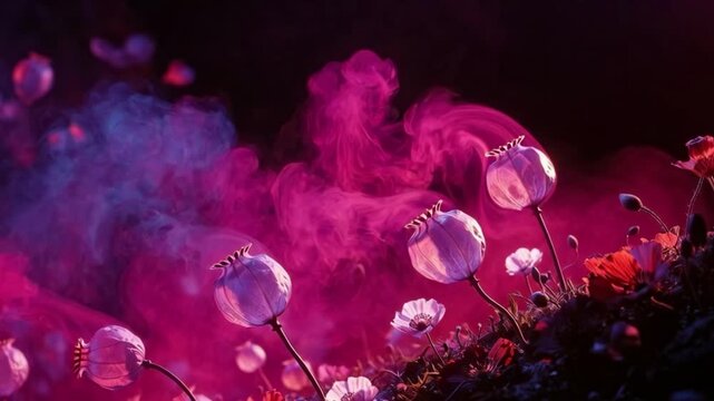 Glowing poppy seed pods and delicate flowers surrounded by vibrant pink and purple smoke in a dark fantasy garden for an ethereal beauty concept