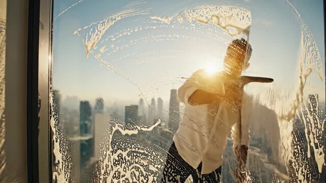 Man cleaning window with squeegee against sunset city skyline