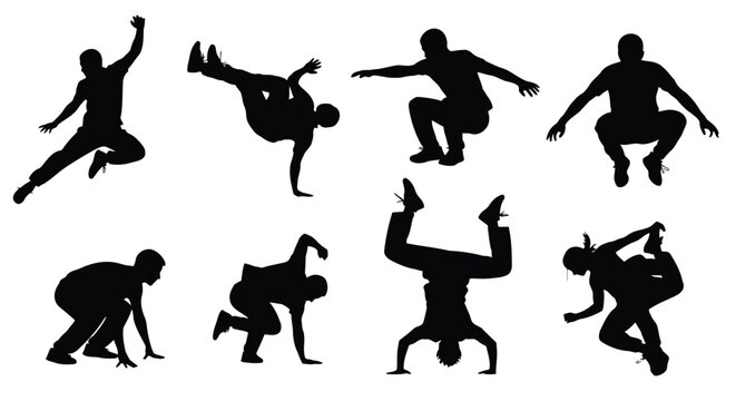 Vector Illustration of Dynamic Silhouettes Performing Various Breakdancing Moves