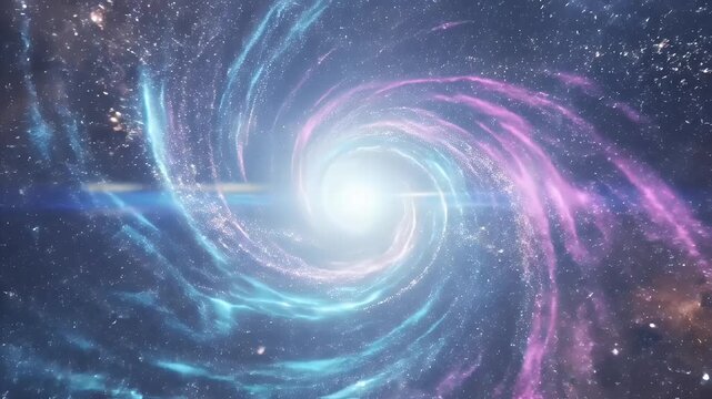 Cosmic Swirl - A swirling galaxy with pink and blue nebulas surrounding a central bright light is seen in the darkness. A blue light flare stretches across the frame.