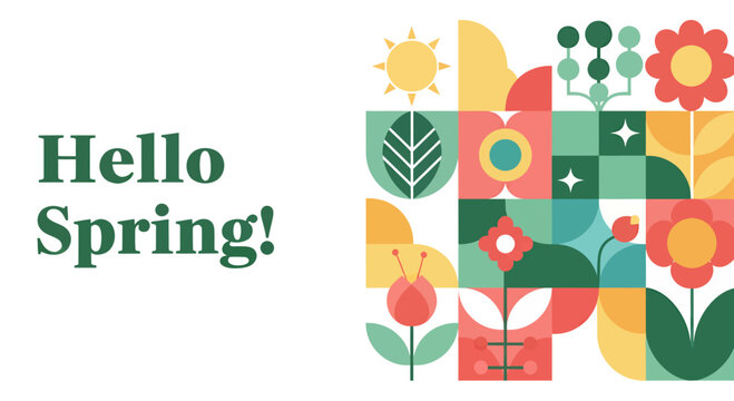 A beautiful spring vector illustration for a hello spring banner featuring a floral design of tulips and green leaves with a heart element in a nature frame