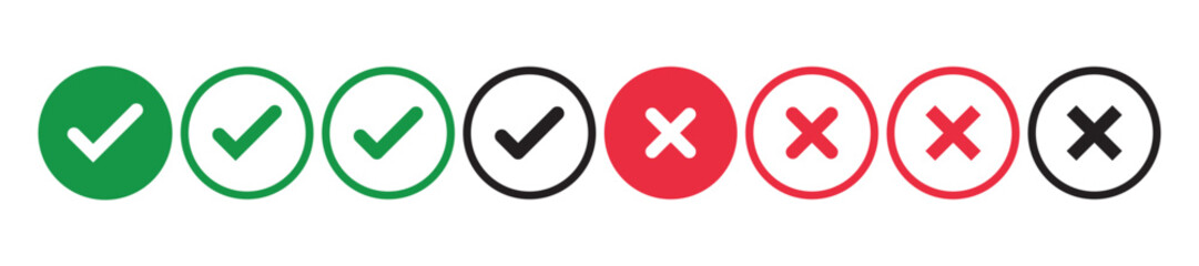 Obraz premium Check mark icon button set, check box icon with right and wrong buttons, yes or no checkmark icons in green tick box and red cross, approved and rejected symbols, choice selection buttons,