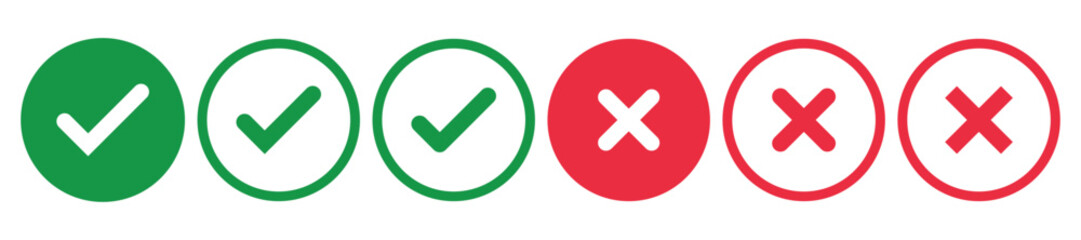 Obraz premium Check mark icon button set, check box icon with right and wrong buttons, yes or no checkmark icons in green tick box and red cross, approved and rejected symbols, choice selection buttons,