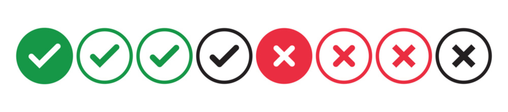 Check mark icon button set, check box icon with right and wrong buttons, yes or no checkmark icons in green tick box and red cross, approved and rejected symbols, choice selection buttons,