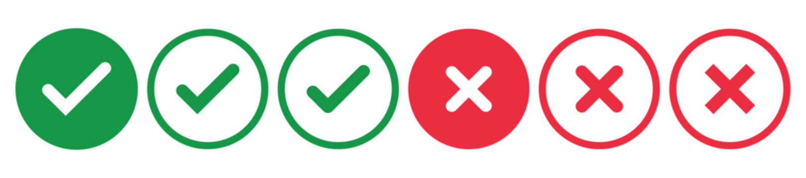 Check mark icon button set, check box icon with right and wrong buttons, yes or no checkmark icons in green tick box and red cross, approved and rejected symbols, choice selection buttons,
