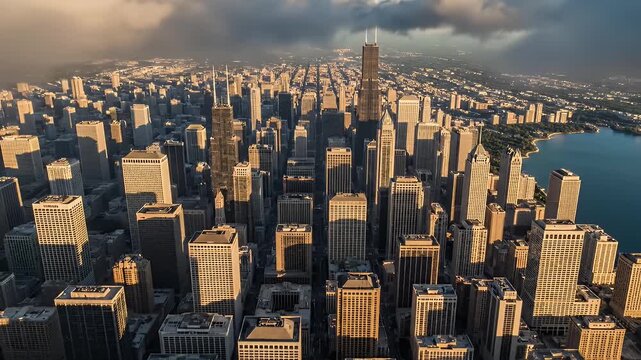 Aerial view of skyscrapers emerging from low-lying clouds at sunset