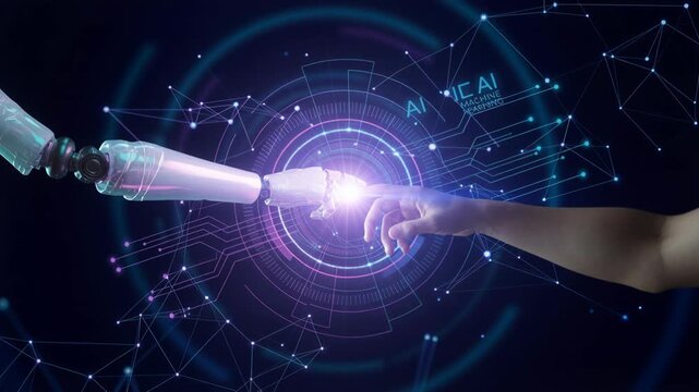Human hand and robot hand touch fingertips in glowing neural data interface for AI machine learning collaboration and human machine touch connection