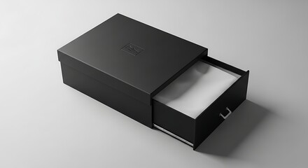 A black box with an open lid and a white interior on a plain gray surface viewed from above at an angle