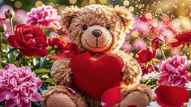 Teddy Bear Holding a Heart in a Flower Garden - A cute teddy bear holds a red heart. The teddy bear is nestled among flowers like roses, daisies, and peonies with bokeh lights in the background.