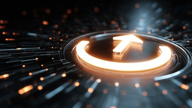 Illuminated power button with upward arrow on circuit board representing digital transformation and digitization business acceleration.