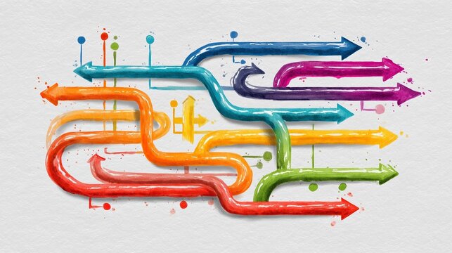 Colored winding path with multiple arrowheaded routes representing change management strategy, decision flow and directional transition.