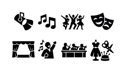 Musical Theater Icons. A musical theater production with actors in vibrant costumes. Filled icon set of A