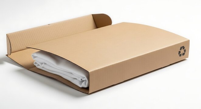 Cardboard box partially opened revealing white contents inside on a plain background