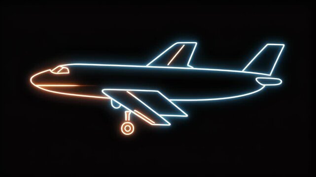 Stylized neon airplane outline glowing in blue and orange against a dark background, representing modern air travel.