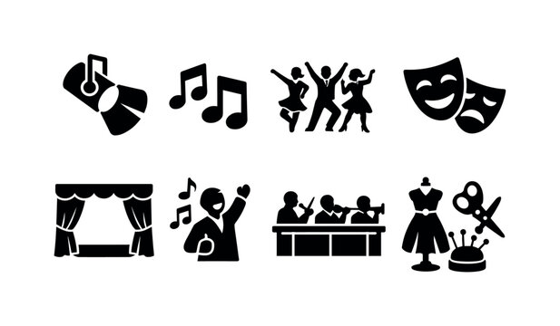 Musical Theater Icons. A musical theater production with actors in vibrant costumes. Filled icon set of A