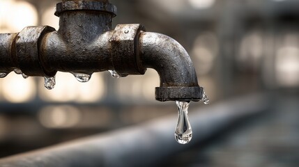 Rusty metal faucet dripping water over pipe, indicating water leaking damage and need for plumber service.
