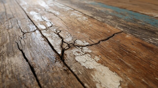 Dilapidated hardwood floorboard after water damage with cracked, warped plank, peeling finish and moisture stain conveying decay and structural deterioration.