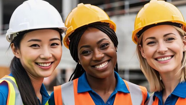 Diverse group of happy female construction workers taking a selfie at building site. Concept of women empowerment, gender equality and International Women's Day celebration.
