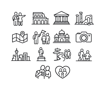 Couples exploring cultural and historical destinations. Line outline icon set of Couples exploring cultural