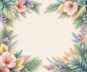 Fototapeta premium Vibrant Floral Frame with Tropical Leaves and Pastel Flowers for Design