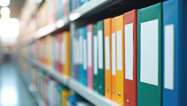 Shelves hold rows of colorful binders, medical files. Organized folders store patient records, healthcare information in clean, orderly system. Image represents data management, administrative tasks
