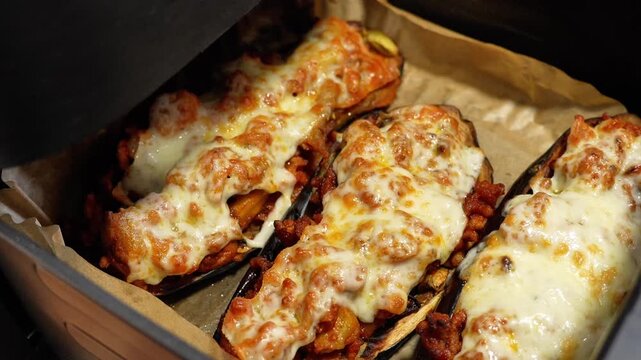 A black microwave oven with a eggplant inside. The eggplant is covered in cheese and has a few pieces of meat on it