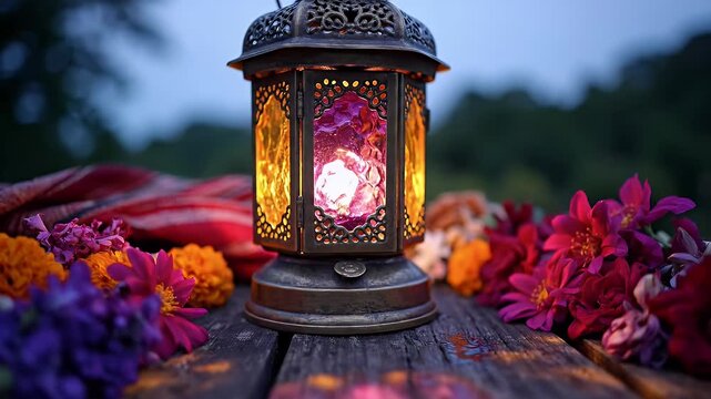 Ornate Lantern with Colorful Flowers - A close-up shot features an ornate metal lantern with colorful glass panels, placed on a weathered wooden surface.