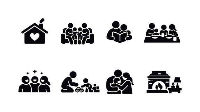 Quality time at home. Filled icon set of Quality time at home: cozy house, family sofa time, reading together,