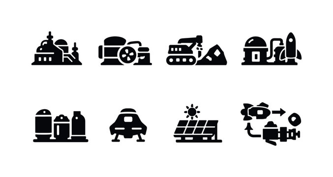 Space resource utilization. Filled icon set of Space resource utilization: in situ resource utilization plant,