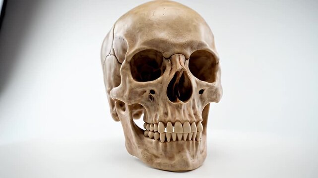 Human Skull Isolated on White - This stock video shows a detailed view of a human skull with visible teeth, eye sockets, and cranial sutures against a white background.
