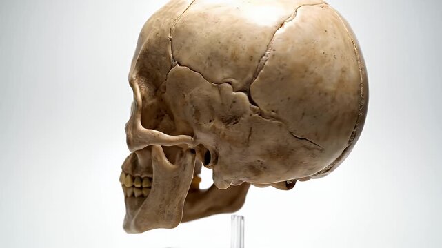 Anatomical Skull Model Side View - A side view of a human skull model against a white background. The detailed structure of the skull is visible, including the teeth, sutures, and overall bone