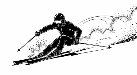 Skier in action speeding down snowy slope with goggles and poles © John