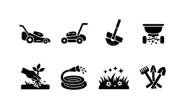 Lawn Care Icons. Lawn maintenance. Filled icon set of Lawn maintenance: grass cutting, push mower, lawn edging