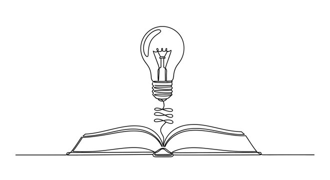 An open book with a light bulb symbolizing ideas, knowledge, and innovation emerging from learning and education