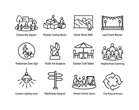Urban placemaking ideas. Line outline icon set of Urban placemaking ideas: community square, modular seating