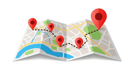 Obraz premium Illustrated map with red destination pins marking a route, perfect for travel planning and navigation concepts