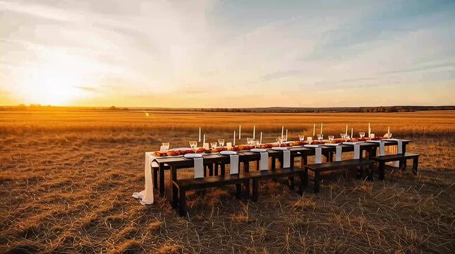 Long rustic wooden dining table set for an outdoor harvest feast stretching across a dry golden field during a breathtaking sunset celebration.