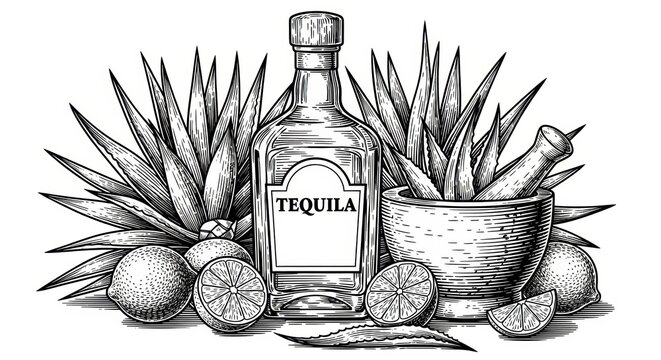 tequila bottle, surrounded by agave plants, limes, and a mortar with agave leaves sketch
