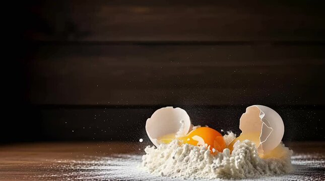 Eggs cracked open on a pile of flour with yolks spilling out in a dynamic scene captured in multiple frames