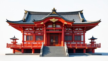 Obraz premium Red Japanese shrine building isolated on white. Traditional wood architecture with ornate roof and intricate details. Sacred place for worship and cultural events. Peaceful spiritual sanctuary.
