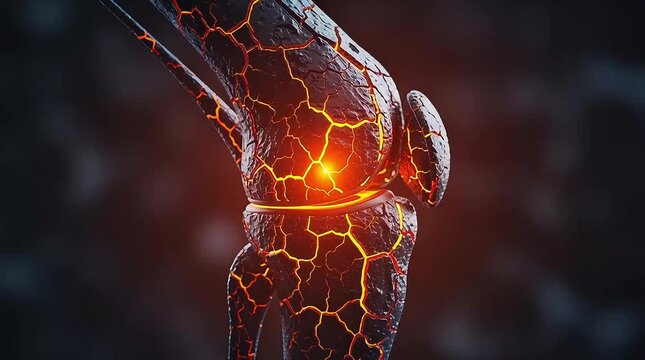 Detailed 3d medical illustration depicting a severely damaged and inflamed human knee joint experiencing intense burning pain likely due to advanced arthritis or skeletal deterioration