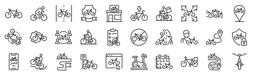 Set of 30 outline icons related to bicycle. Linear icon collection. Editable stroke. Vector illustration