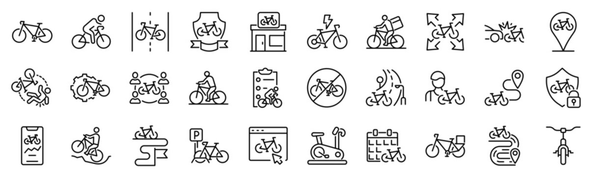 Set of 30 outline icons related to bicycle. Linear icon collection. Editable stroke. Vector illustration