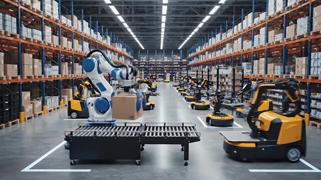 Automated Warehouse with Robotic Arms and Mobile Robots - This video depicts a modern, automated warehouse where robotic arms are actively lifting and moving cardboard boxes, while mobile robots