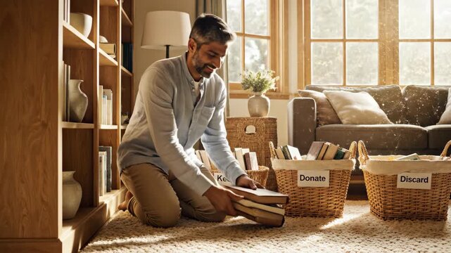 Man sorting books into keep donate discard baskets at home