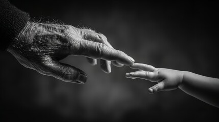 Elderly hand connects fingers with a baby hand in black and white