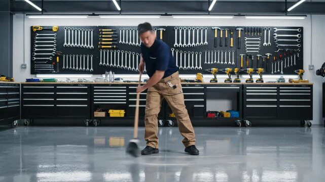 Man sweeping clean floor in organized professional workshop