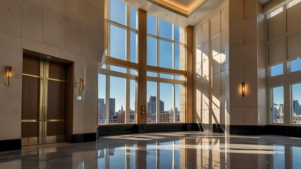 Empty modern hotel room interior featuring new wood parquet floors and a large glass window within an open architectural space