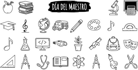 Teacher's Day Icons: Education  Learning Symbols in Black and White Line Art Style