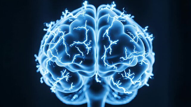 Brain Activity Visualization - This video shows a glowing blue brain with electrical activity visualized as lightning bolts. The background is a dark blue to highlight the brain's illumination.